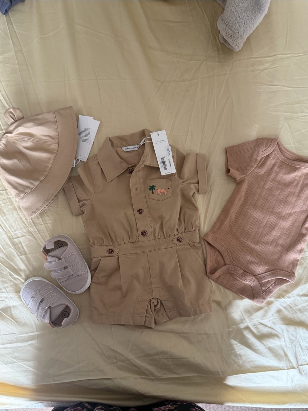 Janie and Jack Beige Safari Romper with Ribbed Tan Bodysuit